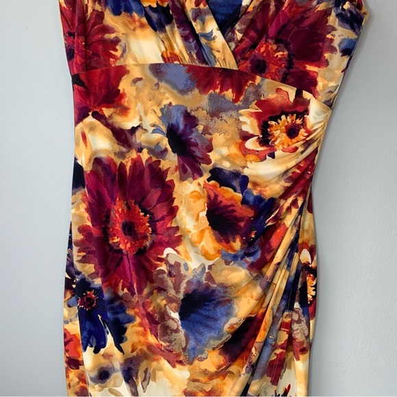 Lauren Ralph Lauren multi fall floral‎ surplice ruched dress with slit. Size 12 - Picture 5 of 9